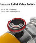 Close-up of pressure relief valve switch on Beefy Hydraulic Gear Puller Kit With 2 And 3 Jaw Convertible Claws For Wheel Bearing Removal Hub And Pulley Extraction Heavy Duty Industrial Tool For Mechanics And DIY Enthusiasts.
