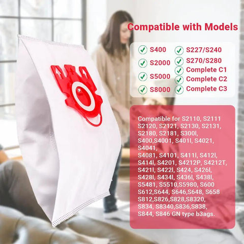 Miele Type FJM AirClean 3D Efficiency Canister Vacuum Bag with compatibility list, fit for C1 C2 S Series S4000 S6999 S700