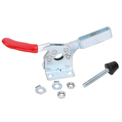 Vertical Toggle Clamp With Arrow Storage Case For Woodworking, Heavy Duty 90kg Clamping Force, handle and screws visible