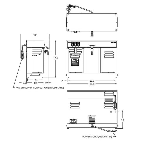 Technical diagram of Dual-Warmer 12-Cup Automatic Commercial Coffee Maker with stainless steel construction, dimensions outlined.