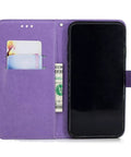 Purple phone wallet case with card slots and cash holder, featuring foldable design for protection and convenience.