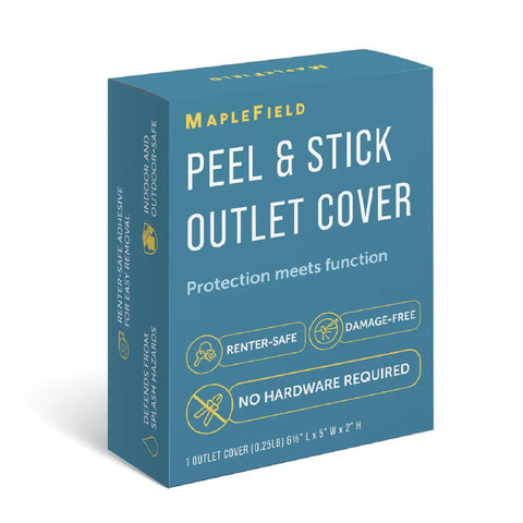 Product packaging of Peel And Stick Outlet Cover For Single Stack US Outlets Waterproof Splash Guard With Button Hinged Closure
