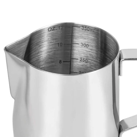 Close-up of a 12 Oz Milk Frothing Pitcher Stainless Steel For Espresso Lovers Pro Grade Barista Vibe 304 Stainless Steamer Cup
