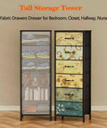 Tall 6-Drawer Dresser With Vintage Style Fabric Bins, Sturdy Metal Frame And Wood Top in a room setting