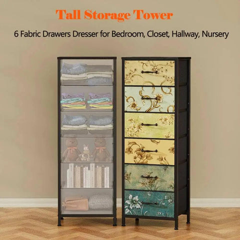 Tall 6-Drawer Dresser With Vintage Style Fabric Bins, Sturdy Metal Frame And Wood Top in a room setting