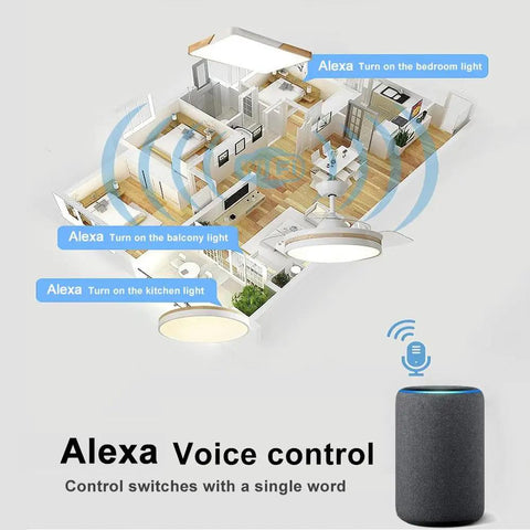 Smart home layout using WiFi Universal Ceiling Fan Light Remote Control Kit With Alexa compatibility and voice command.