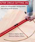 Heavy Duty Adjustable Router Jig For Dead On Circle Cuts And Clean Grooves With Slick Sliding Rail And Anodized Aluminum Body measuring min 80mm to max 370mm radius on wood.