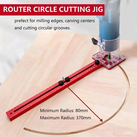 Heavy Duty Adjustable Router Jig For Dead On Circle Cuts And Clean Grooves With Slick Sliding Rail And Anodized Aluminum Body measuring min 80mm to max 370mm radius on wood.