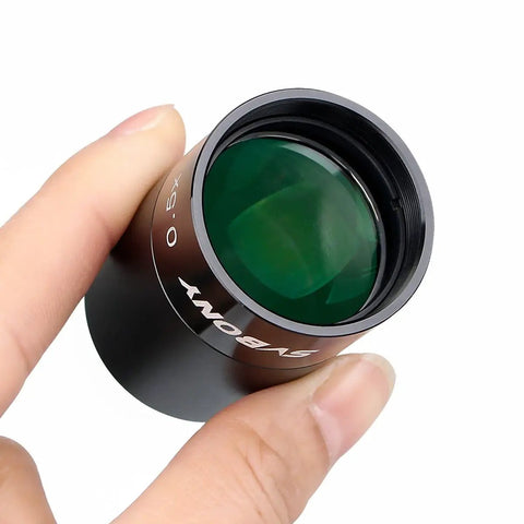 Close-up of 1.25 Inch 0.5x Focal Reducer For Telescope With C Mount Adapter To CCD Camera, showing lens and adapter details.