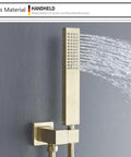 Brushed Gold Wall Mounted Shower System With Large Rainfall Head And Detachable Handheld Super Smooth Pressure Flow Instant Temperature Control Total Bathroom Glow Up Built Like A Tank For Everyday Luxury, showcasing handheld sprayer.
