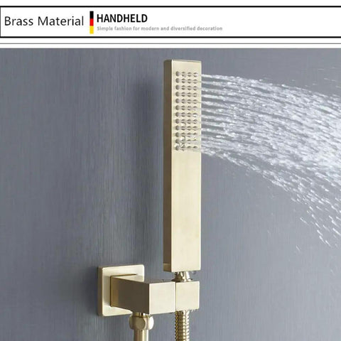 Brushed Gold Wall Mounted Shower System With Large Rainfall Head And Detachable Handheld Super Smooth Pressure Flow Instant Temperature Control Total Bathroom Glow Up Built Like A Tank For Everyday Luxury, showcasing handheld sprayer.