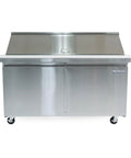 Rugged Heavy Duty Workhorse 15 Cubic Foot Commercial Refrigerator In Slick Stainless Steel front view with double doors and wheels.