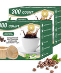 300 count boxes of disposable coffee paper filters for Keurig single serve pods, natural and eco-friendly, with coffee beans