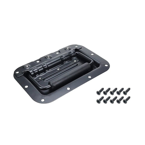 6.34 Inch Black Spring Loaded Handle For Toolboxes And Chests Surface Mounted With Rubber Grip, screws shown