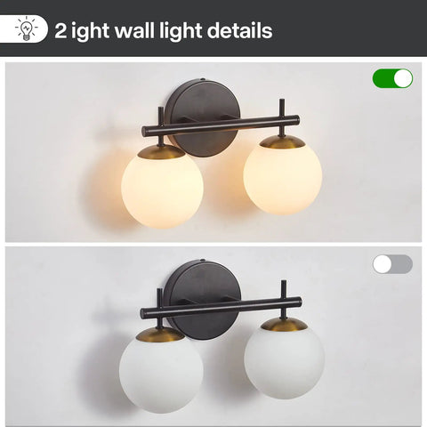 Black And Gold Two Light Vanity Light Fixtures With Globe Milky Frosted Glass in on and off states