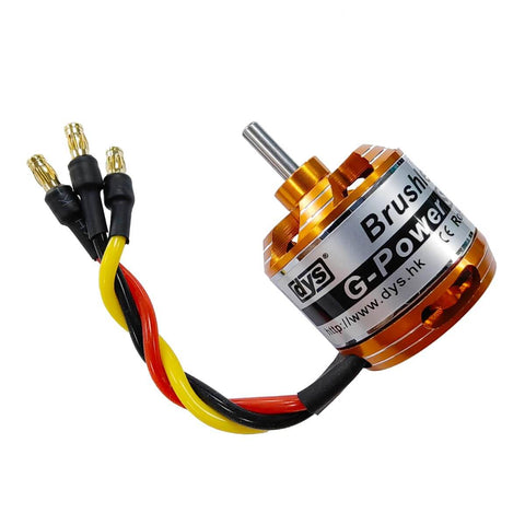 D2826 1000KV Brushless Outrunner Motor with 3.17mm shaft and banana plug adapters for RC aircraft and multicopters.