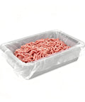 Clear liner in tote with ground meat showing 12 Pack Meat Lug Liners Disposable LDPE Bags For 4.6 To 7 Gallon Totes And 50 Pound Boxes
