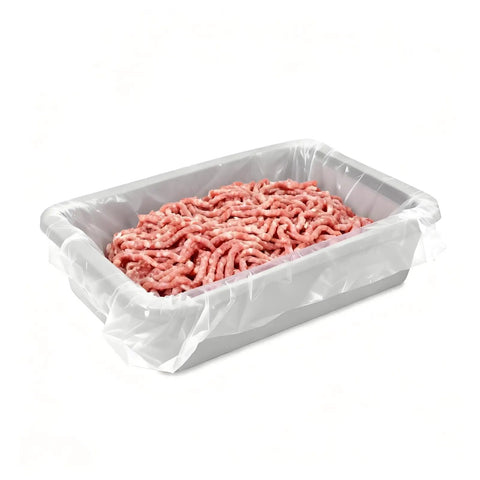 Clear liner in tote with ground meat showing 12 Pack Meat Lug Liners Disposable LDPE Bags For 4.6 To 7 Gallon Totes And 50 Pound Boxes