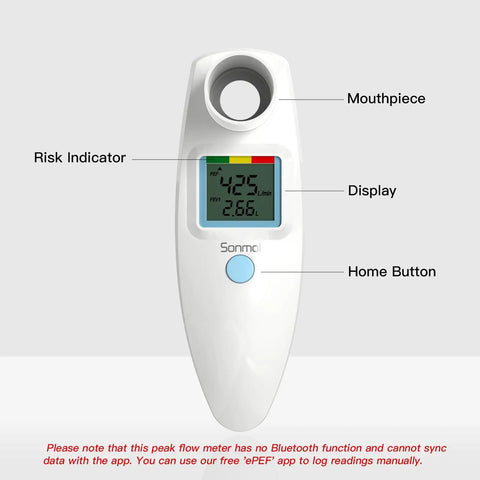 Digital Peak Flow Meter With Color Indicators For PEF And FEV1, Clinical Grade Lung Function Tester With Differential Pressure Sensor, Home Use Asthma Monitoring, Easy Readouts For Accurate Daily Breath Tracking, white plastic front view