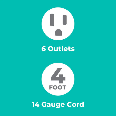 Graphic of 6 outlets icon, 4-foot cord, highlighting features of Two Pack Six Outlet Surge Protector Power Strips With Four Foot Cord 900 Joules Overload Protection Lighted Switch Great For Home Office Entertainment Gaming Setups Black.