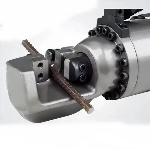 Heavy Duty Electric Rebar Bender And Cutter Machine Hydraulic Steel Bar Bending Tool close-up of cutting mechanism with rebar.