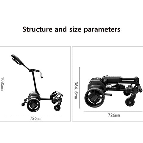 Slick Six Wheel Electric Golf Cart, Smart Auto Follow Robotic Caddy with size dimensions for easy transport and storage.
