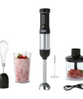 5-In-1 Cordless Immersion Blender With Rechargeable Battery Slick Handheld Mixing Wand For Soups And Smoothies Zero Cords Attached Wireless Tool showcasing a mixing wand, whisk, smoothie, and chopper.