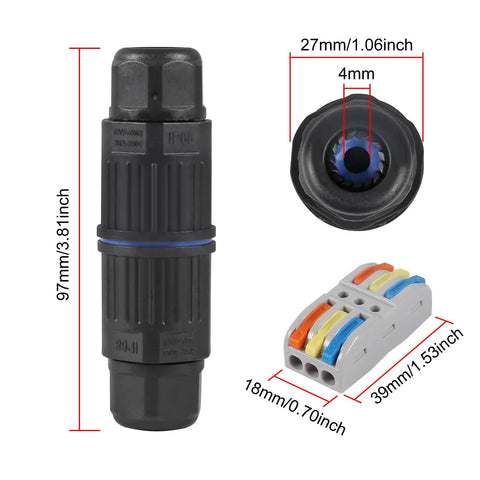 4 Pack IP68 Waterproof Junction Box For Outdoor Wiring, 3 Way Wire Connector, dimensions shown, fits 3.5-10mm cables.