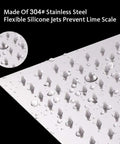 Close-up of a high pressure stainless square rain shower head's silicone jets with water droplets