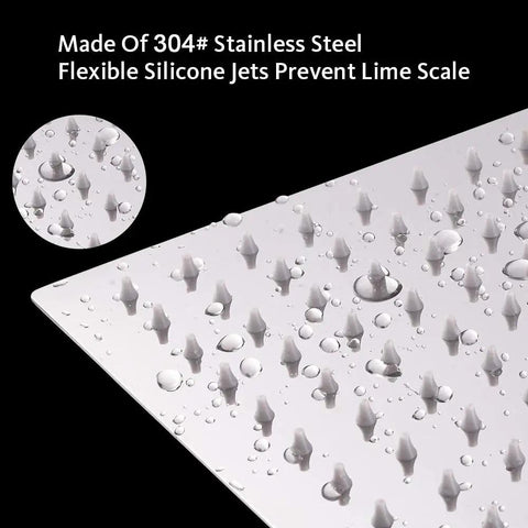 Close-up of a high pressure stainless square rain shower head's silicone jets with water droplets