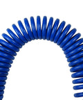Close-up of blue Polyurethane Recoil Air Hose One Quarter Inch Inner Diameter By Twenty Five Feet With Bend Restrictor and Industrial Quick Coupler