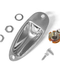 Slick Chrome Boat Style Guitar Output Jack Plate For Mono Electric Tone With Tight Grip Mounting Screws Solid Build Dope Finish Fender Strat Ready Hassle Free Upgrade with nuts and screws.