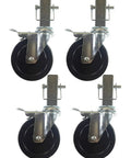 Heavy Duty Scaffolding Casters 5 Inch Hard Rubber Wheels With Total Lock Brakes And 1.25 Inch Square Shank 4 Pack set of four durable rubber wheels for mobility.