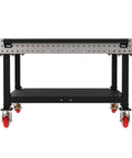 Hella Sturdy Heavy Duty Welding Fixture Table With Precision Laser Cut Industry Standard Holes And Locking Swivel Casters 60X60X36 front view with shelf and red wheels.