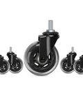 Premium Five Pack Office Chair Caster Wheels With 3/8 Inch 16 Unc Threaded Stem, black and clear polyurethane rollers.