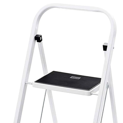 Top section of Heavy Duty Steel 2 Step Stool Ladder With Grab Handle showing wide anti slip pedal, lightweight white frame.