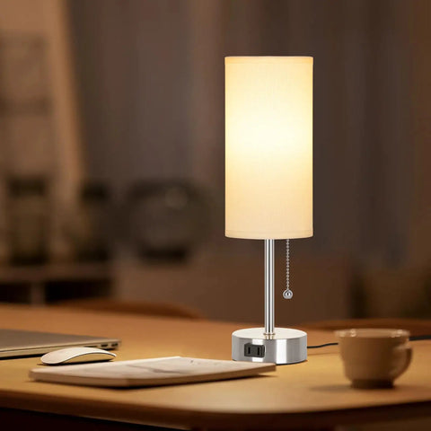 Cozy Nightstand Table Lamp With Pull Chain Three Color Modes Warm White Neutral White Cool White Built In AC Outlet Bulb Included
