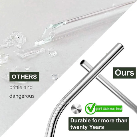 Comparison between broken glass straw and 12 Inch Stainless Steel Straws Replacement Set, Four Pack With Cleaning Brush, Extra Long Metal Straws