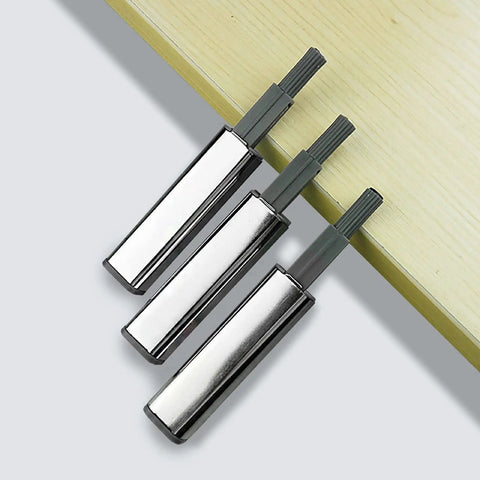 Magnetic Push To Open Cabinet Door Latch Handleless Easy Install Cabinet Hardware with Built In Magnet in silver on wood