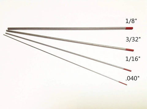 Four TIG welding tungsten electrodes in varying sizes with red tips arranged on a white background, Premium TIG Welding Tungsten Electrodes Two Point Zero Percent Red EW Th20 One Eighth Inch By Seven Inch Pack Of 10 For Smooth Starts Steady Arc Higher Current Range Low Spit ANSI AWS A5 12M Compliant