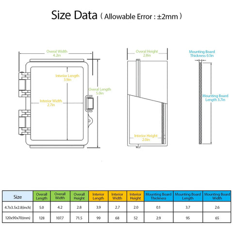 Diagram showing dimensions of Rugged IP67 Waterproof Electrical Junction Box with Hinged Cover, ABS Plastic, 4.7x3.5x2.7 inches, Grey.