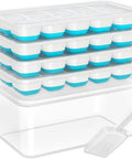 Four Pack Silicone Ice Cube Trays With Lid And Storage Bin Includes Scoop For Effortless Freezer Organization.