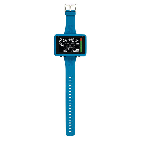 Luna 2.0 AI Wrist Dive Computer With Bluetooth featuring easy read wide LCD and slim blue silicone arm strap, front view.