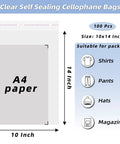 Self Sealing Cellophane Bags For Shirts And Clothing, Thick Resealable Poly Bags With Adhesive Seal, 10 By 14 Inches, 100 Pack