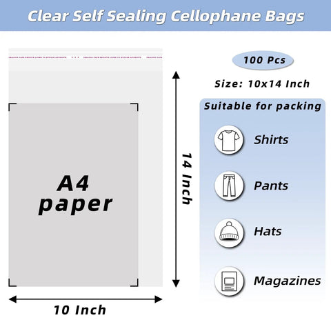 Self Sealing Cellophane Bags For Shirts And Clothing, Thick Resealable Poly Bags With Adhesive Seal, 10 By 14 Inches, 100 Pack