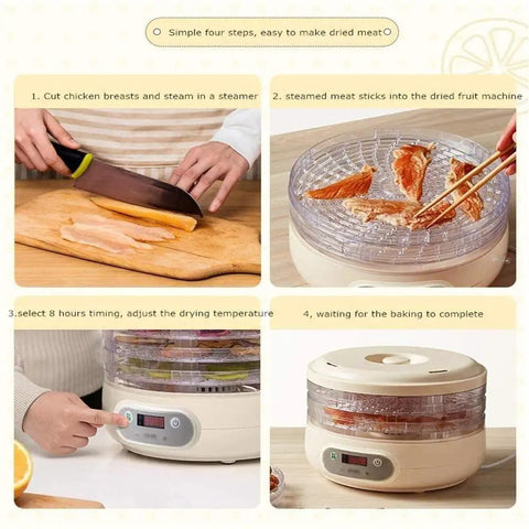 Pro Level Electric Food Dehydrator Featuring Hella Slick Digital Controls And Five Spacious Trays For Dishing Out Savory Jerky Juicy Dried Fruits And Crisp Garden Veggies Daily in use with meat preparation and control settings.