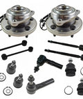 Front Steering Suspension Kit With Wheel Bearings Tie Rods Ball Joints End Links For Jeep Commander 2006 2010 heavy duty parts laid out with wheel bearings and ball joints.