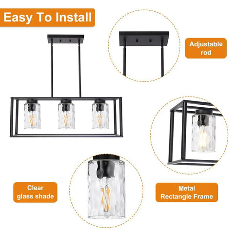 Classic Pendant Lighting For Kitchen Island With Hammered Glass Shades 3 Light Linear Modern Farmhouse Chandelier In Matte Black Finish