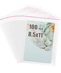 Self Sealing Cellophane Bags For 8.5x11 Photo Mats, Clear Reclosable Sleeves, 100 Pack, displayed fanned out with packaging