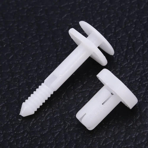 Top Shelf 50 Pcs Car Door Trim Panel Retainer Clips Nylon Bumper Fastener Rivets Keeps Your Rig Tight Straight Up Fit For GMC C1500 C2500 Cadillac Escalade 15960325 Push Button, white nylon clips laid on black surface.